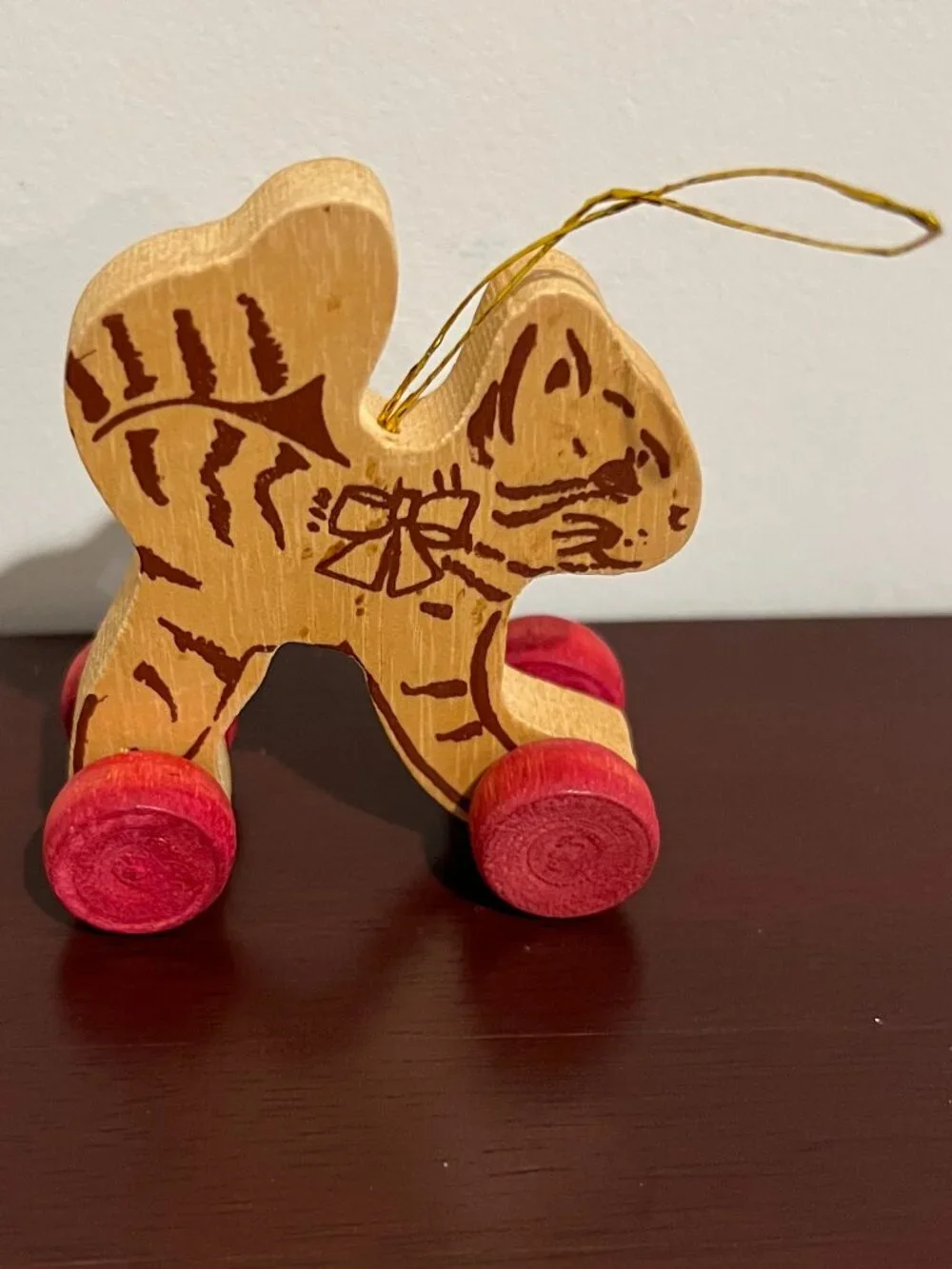 Wooden Cat Christmas Ornament Rolling Wheels Folk Art Primitive Kitty